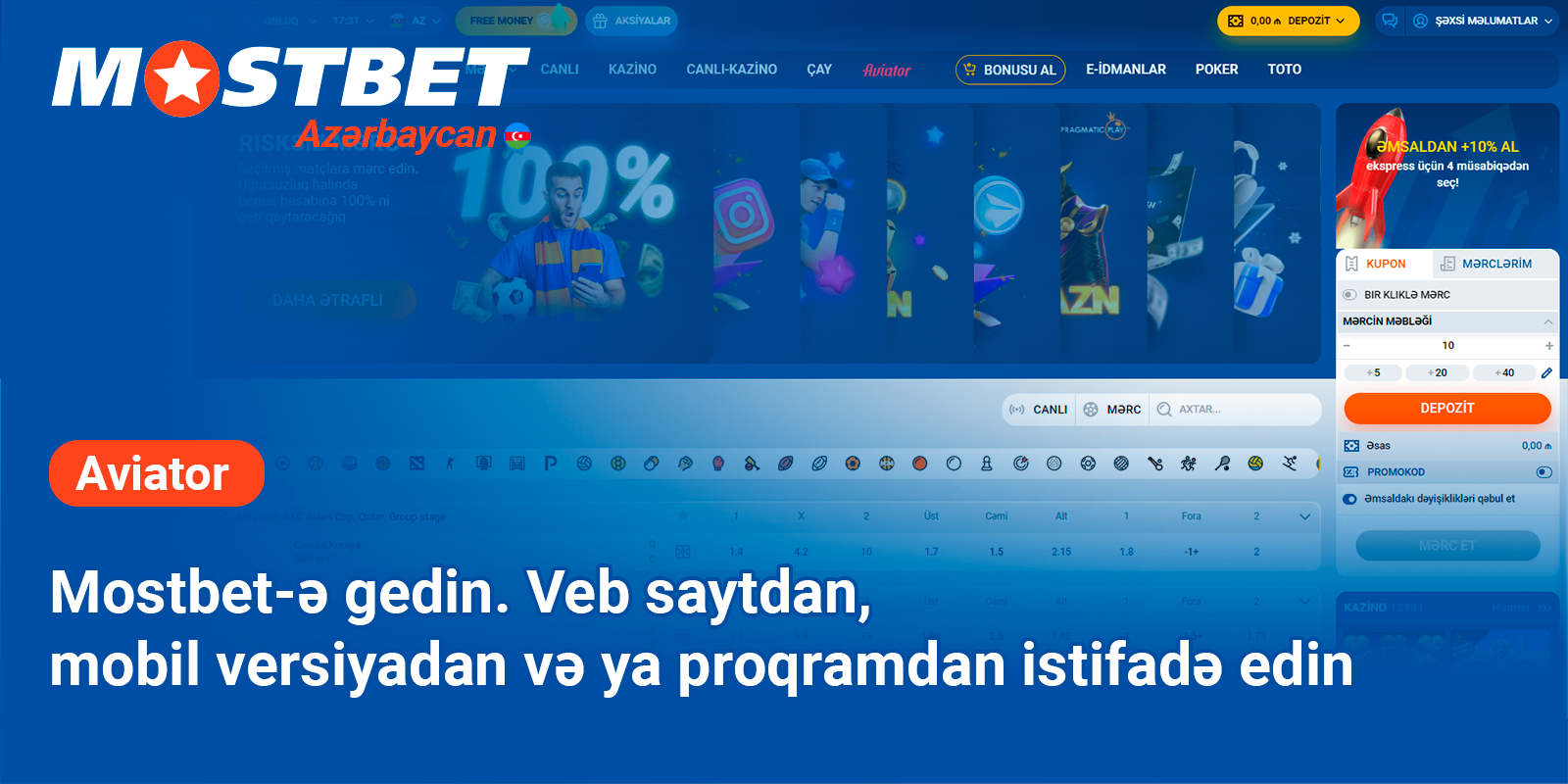 Aviator oynamağa başlamaq üçün Mostbet veb saytını açın