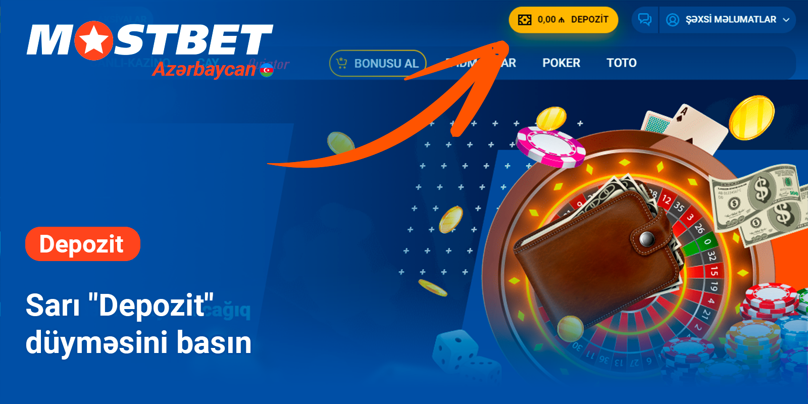 "Depozit" düyməsini sıxaraq bank seçimləri pəncərəsinə keçin - Mostbet